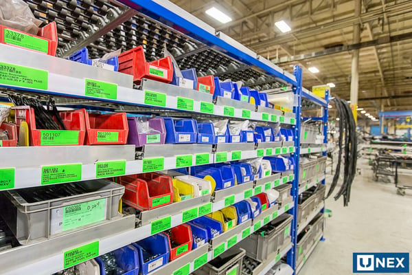  Labeled Bins in UNEX Flow Cell Workstation at Braunability 5S Lean Manufacturing