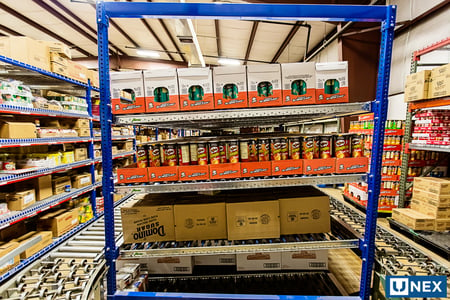 UNEX Roller Rack with SpanTrack Gravity Carton Flow for FIFO Stock Rotation