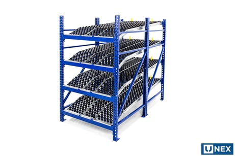 Carton flow: UNEX 8ft Roller Rack with SpanTrack carton flow beds