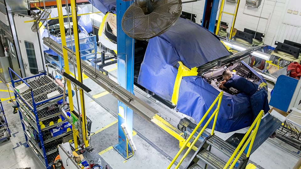 manufacturing assembly with flows racks and workstations